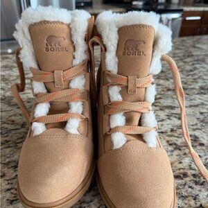 Sorel Evie II Cozy Wedge Boots in Tawny Buff with Plush Faux Shearling Underlays